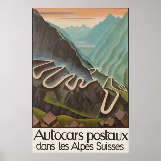 Altes Schweizer Alpen-Reiseposter Autocars Postaux Poster (Vorne)