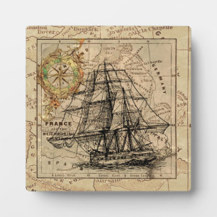 Altes Segelschiff und alte europäische Karte Fotoplatte