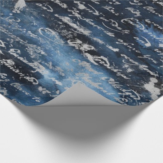 Altes Silber Script Navy Blau Geschenkpapier (Ecke)