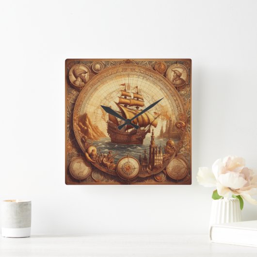 Altes Spanisches Segelschiff 1 Quadratische Wanduhr (Zuhause)