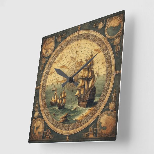 Altes Spanisches Segelschiff 2 Quadratische Wanduhr (Winkel)