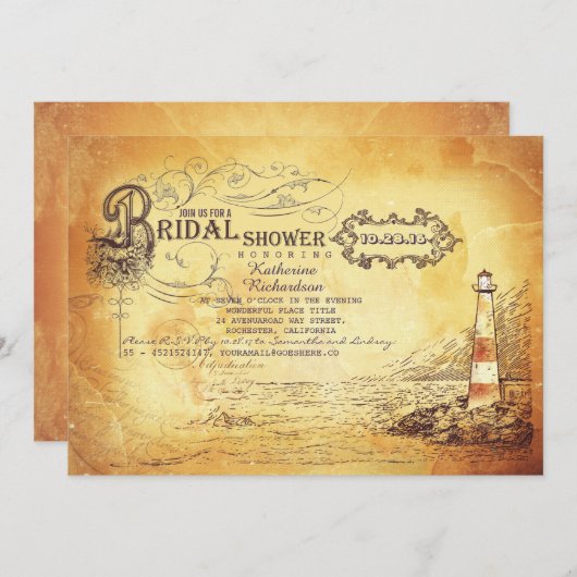 Altes Vintager Leuchtturm nautisches Brautparty Einladung (Vorne/Hinten)