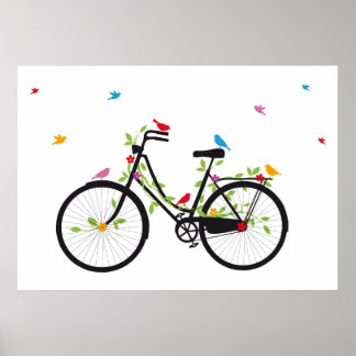 Altes Vintages Fahrrad mit Blume und Vögeln Poster