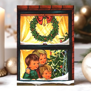 Altes Weihnachtsfenster mit Kindern Feiertagskarte