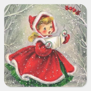 Altes Weihnachtsmädchen singt Vögeln vor Quadratischer Aufkleber