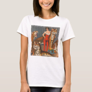 Altes Zirkusplakat einer Frau mit sechs Tigern. T-Shirt