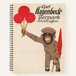 Altes Zirkusplakat eines Affen, der Luftballons hä Notizblock