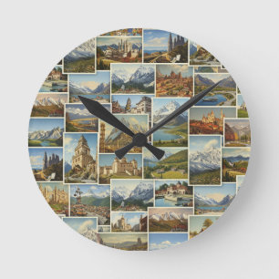 Alteuropäisches Postkarten-Collage-Muster Runde Wanduhr