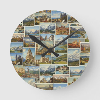 Alteuropäisches Postkarten-Collage-Muster Runde Wanduhr