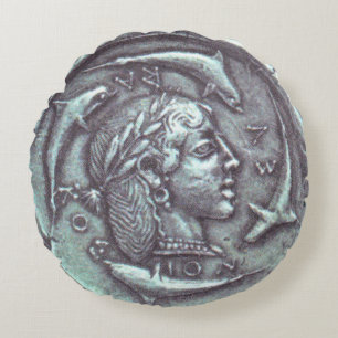 Altgriechische Münzdelfine und Portraitkissen Rundes Kissen