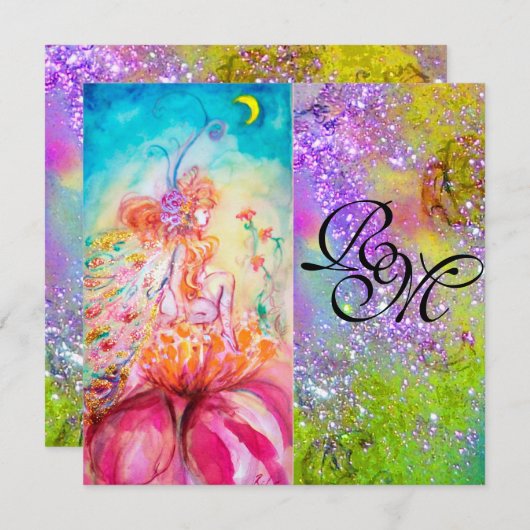 ALTHEA/Blume Fairy, Lila grüne Glitzern Monogramm Einladung (Vorne/Hinten)