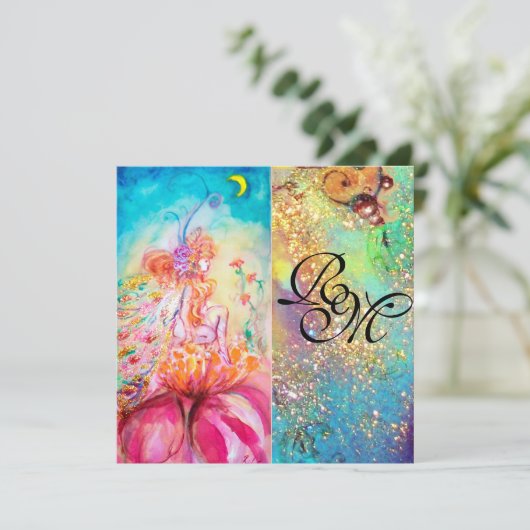 ALTHEA, monogramm pinkfarbengelb-grüne Glitzern Einladung (Stehend Vorderseite)