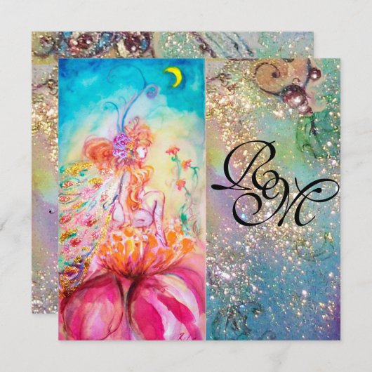 ALTHEA, monogramm pinkfarbengelb-grüne Glitzern Einladung (Vorne/Hinten)