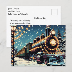 Althergebrachter Vintage-Zug in einer Weihnachtsna Feiertagspostkarte