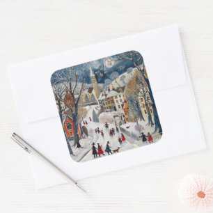 Althergebrachter Weihnachten im kleinen Ort Quadratischer Aufkleber