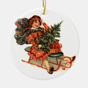 Althergebrachtes Weihnachten, Schlittenfahren Keramik Ornament
