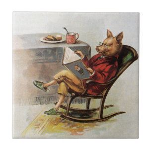 Althumor, Schwein im Schaukelstuhl liest ein Buch Fliese