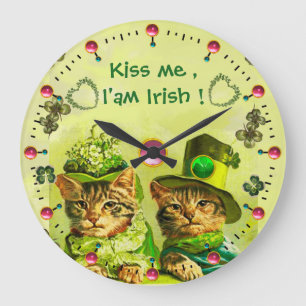 ALTMODISCH ST.PATRICK'S KATZEN Küss mich, ich bin Große Wanduhr