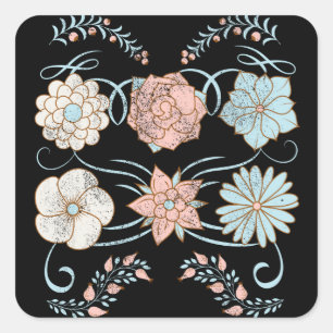 altmodische, abgenutzte Blumen in Rosa und Blau Quadratischer Aufkleber