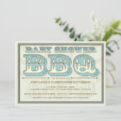 Altmodische Baby-Dusche GRILLEN in der blauen Einladung (Stehend Vorderseite)