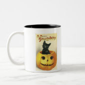 Altmodische fröhliche Halloween-Katze Zweifarbige Tasse (Links)