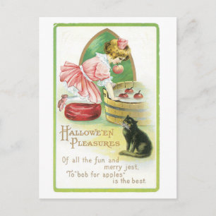 Altmodische Halloween, Girl & Black Cat Postkarte