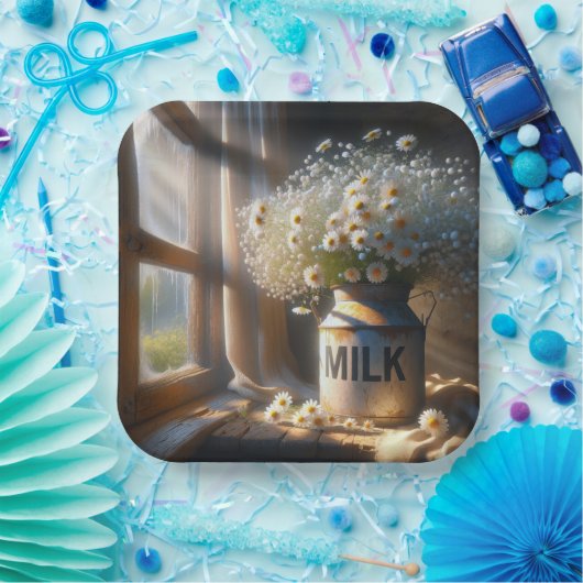Altmodische Milchdose mit Daisy Bouquet Pappteller (Party)