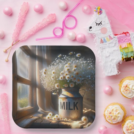 Altmodische Milchdose mit Daisy Bouquet Pappteller (Party)