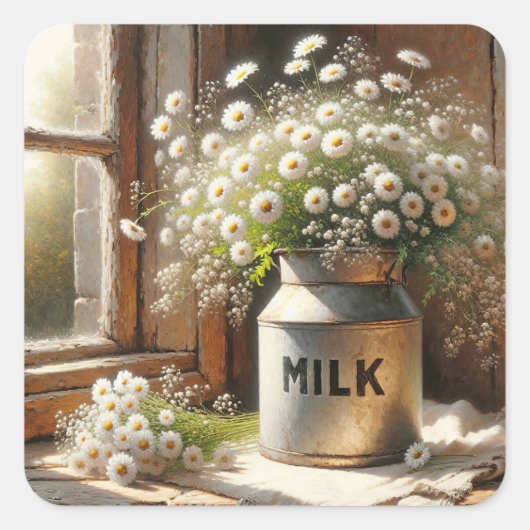 Altmodische Milchdose mit Daisy Bouquet Quadratischer Aufkleber (Vorderseite)