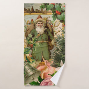 Altmodische Weihnachts-Collage mit grünem Santa im Badhandtuch Set