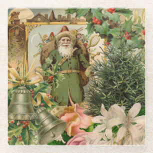 Altmodische Weihnachts-Collage mit grünem Santa im Glasuntersetzer