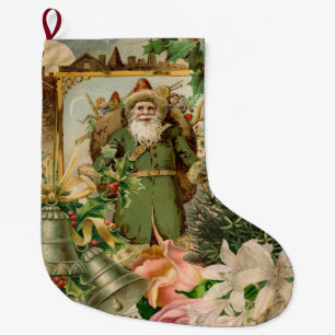 Altmodische Weihnachts-Collage mit grünem Weihnach Großer Weihnachtsstrumpf