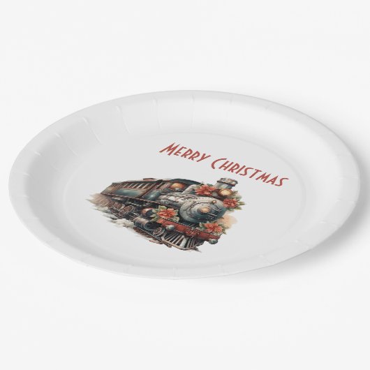 Altmodischer Dampfzug Retro Weihnachten Pappteller (Schrägansicht)