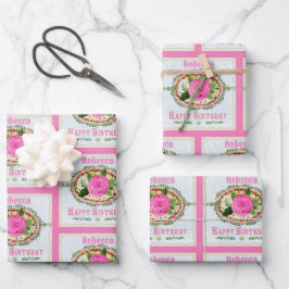 Altmodischer Geburtstagsgruß Name Pink hinzufügen Geschenkpapier Set