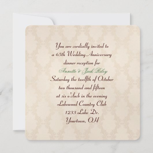 Altmodischer Jubiläum mit Rose auf Damast Einladung (Rückseite)