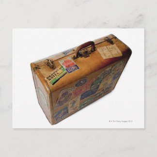altmodischer Koffer mit Reiseaufklebern Postkarte