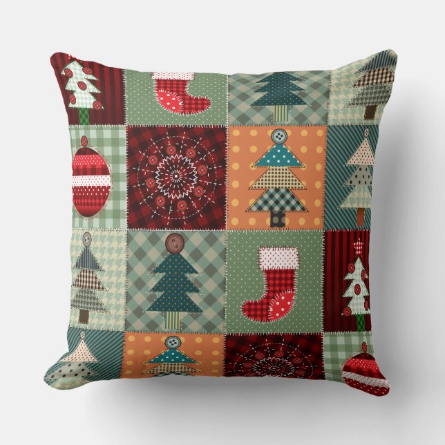 Altmodischer Landweihnachts-Patchwork Kissen (Vorderseite)