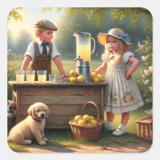 Altmodischer Lemonade-Stand altmodischer Sommer Quadratischer Aufkleber (Vorderseite)