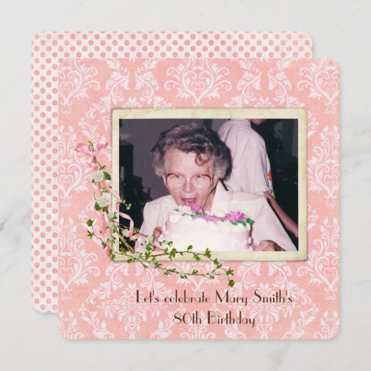 altmodischer Schnappschuss auf der Damask Birthday Einladung (Vorne/Hinten)