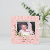 altmodischer Schnappschuss auf der Damask Birthday Einladung (Stehend Vorderseite)