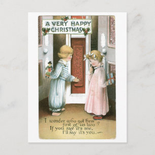 Altmodischer Weihnachten, Junge & Mädchen Feiertagspostkarte
