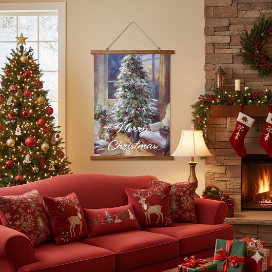 Altmodischer Weihnachtsbaum Wandteppich Mit Holzrahmen
