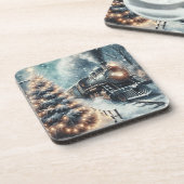 Altmodischer Zug und Vintage Winterlandschaft Getränkeuntersetzer (Linke Seite)