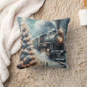 Altmodischer Zug und Vintage Winterlandschaft Kissen