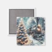 Altmodischer Zug und Vintage Winterlandschaft Magnet (Vorderseite/Rückseite)