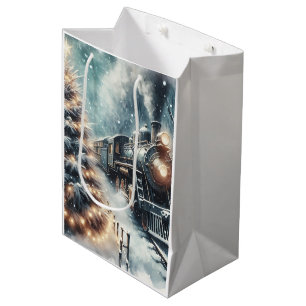 Altmodischer Zug und Vintage Winterlandschaft Mittlere Geschenktüte