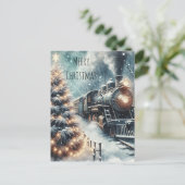 Altmodischer Zug und Vintage Winterlandschaft Postkarte (Stehend Vorderseite)