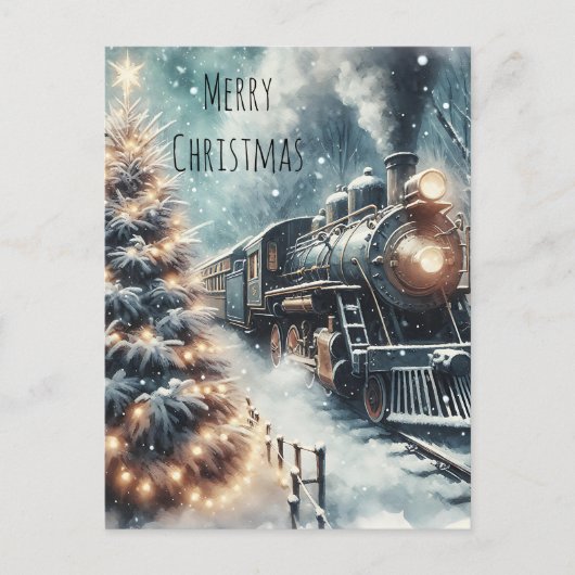 Altmodischer Zug und Vintage Winterlandschaft Postkarte (Vorderseite)