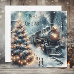Altmodischer Zug und Vintages Logo Feiertagskarte<br><div class="desc">Personalisierte Weihnachtskarte. . Altmodischer Vintager Retrozug in einer wunderschönen schneebedeckten Winterlandschaft mit Kiefernbäumen mit beleuchteten Weihnachtslichtern.</div>