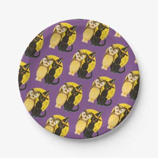 Altmodisches Halloween, Black Cat & Owl Pappteller (Vorderseite)